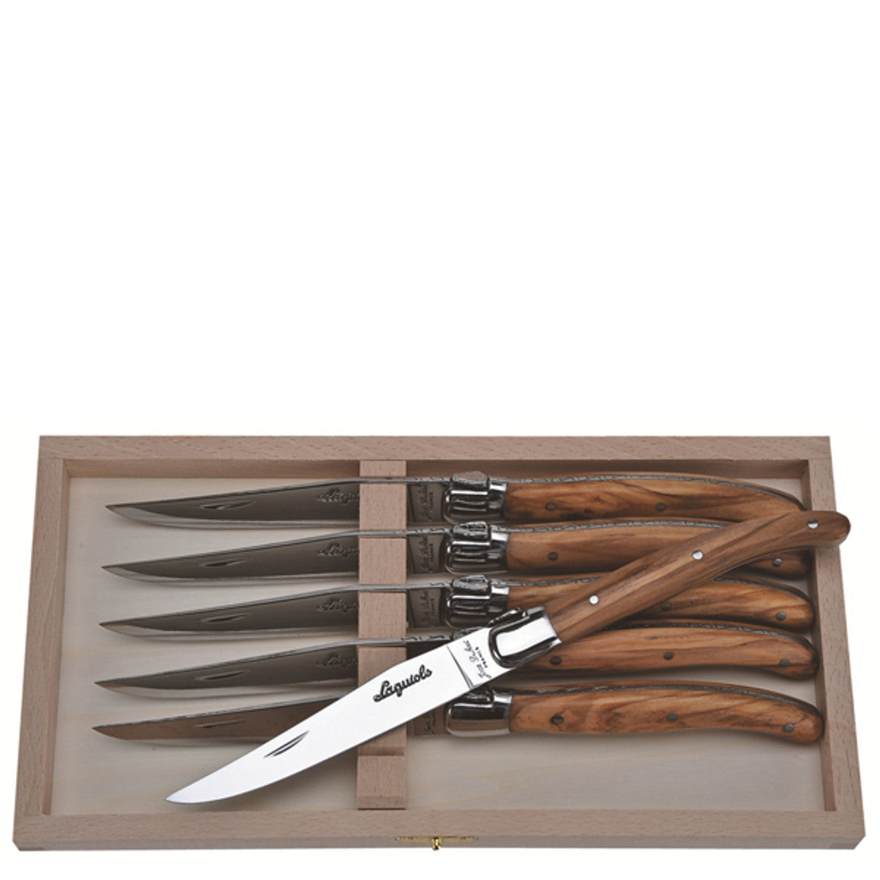 Jean Dubost Steak Knives with Olive Wood Handles in Tray - Set of