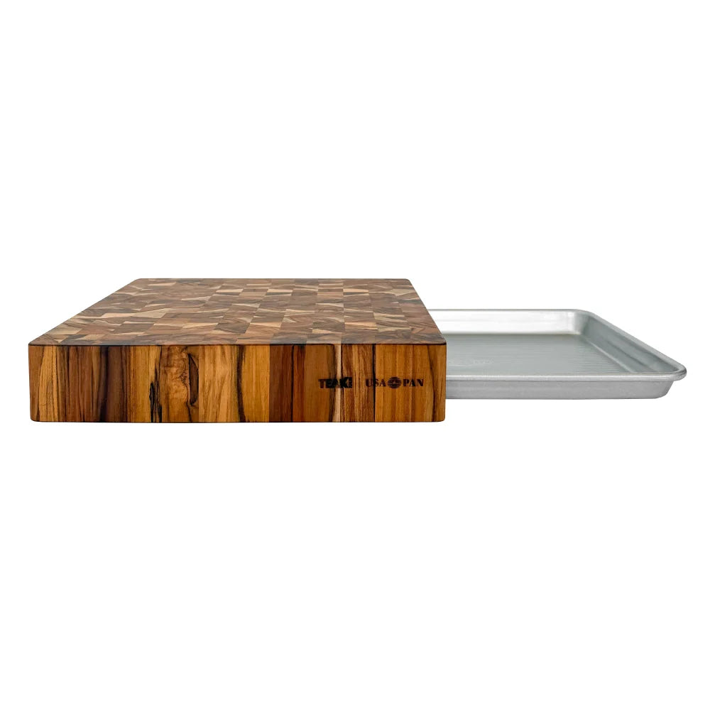 Teakhaus Prep to Pan End Grain Cutting Board with USA Pan Half Sheet Pan