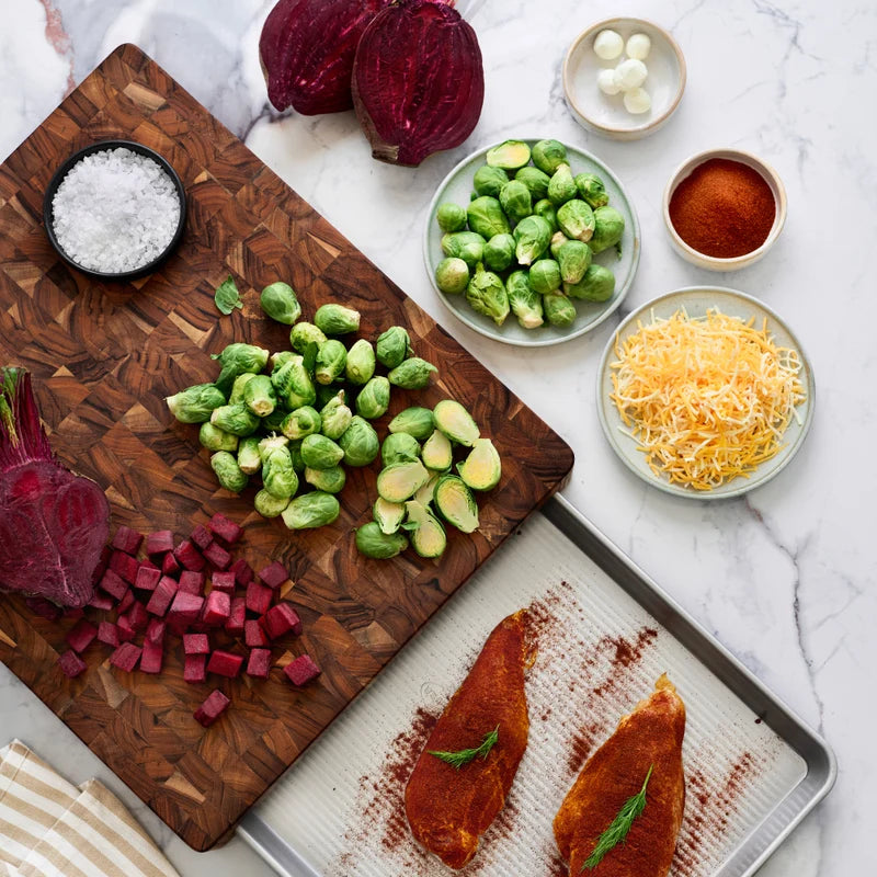Teakhaus Prep to Pan End Grain Cutting Board with USA Pan Half Sheet Pan