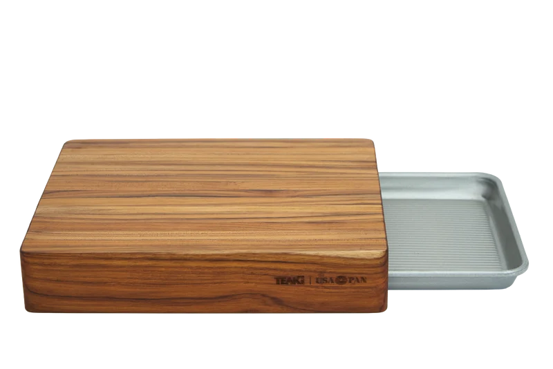 Teakhaus Prep To Pan Edge Grain Cutting Board with USA Pan Quarter Sheet Pan