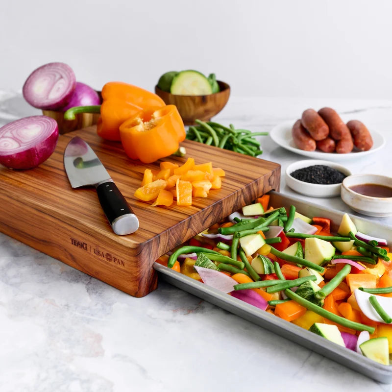 Teakhaus Prep To Pan Edge Grain Cutting Board with USA Pan Quarter Sheet Pan