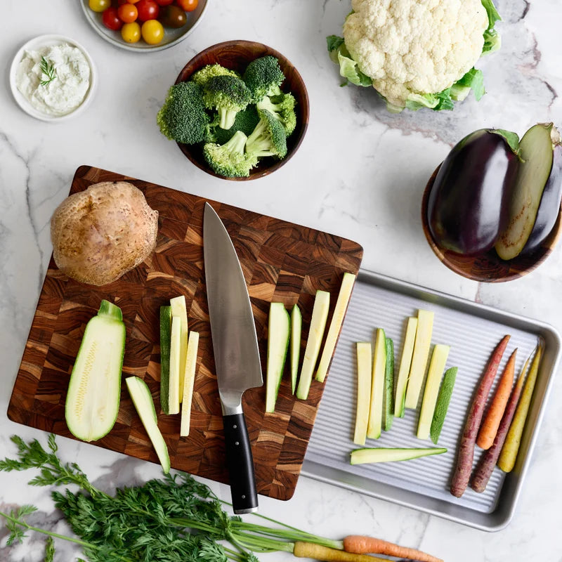 Teakhaus Prep to Pan End Grain Cutting Board with USA Pan Quarter Sheet Pan