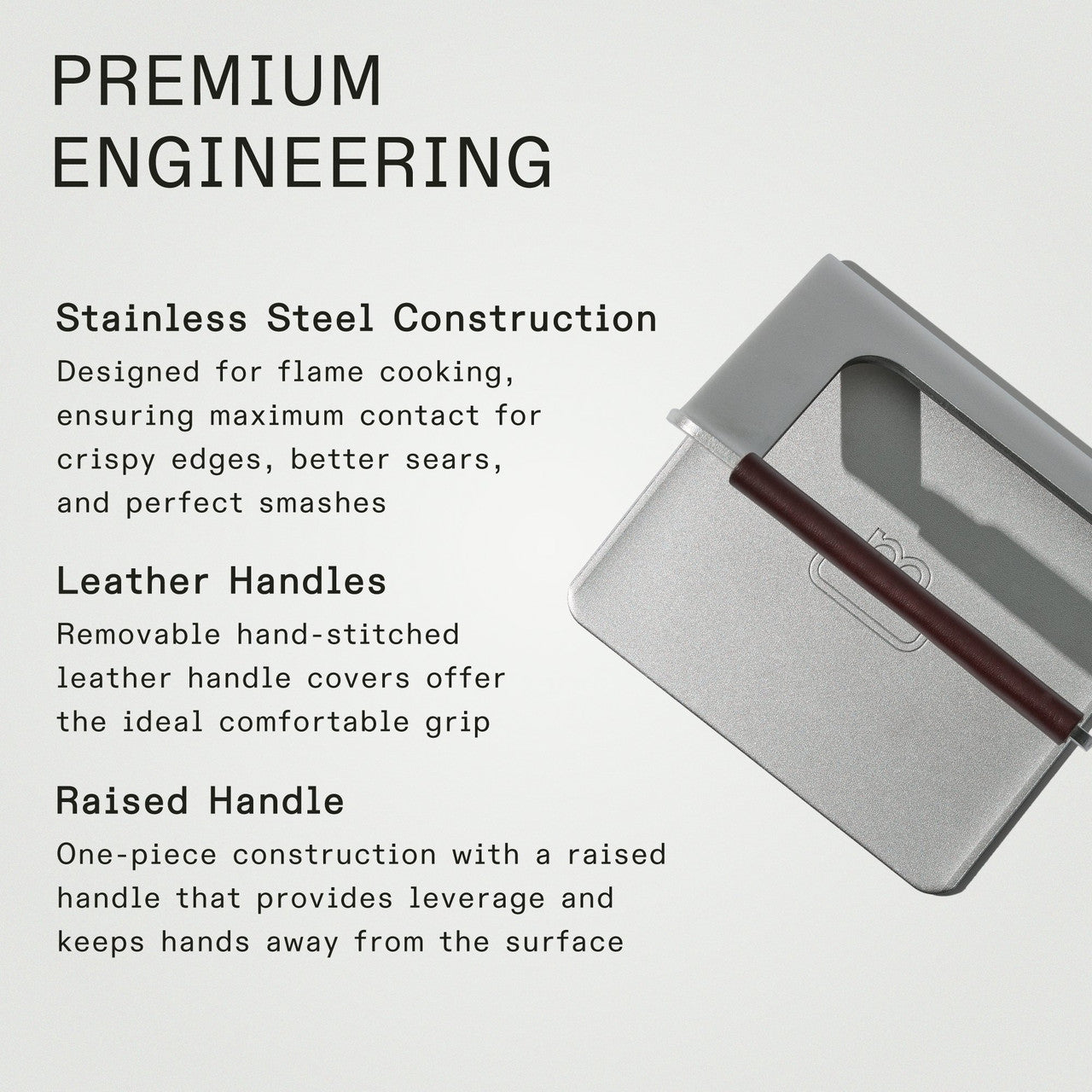 Made In Stainless Steel Grill Press with Leather Handle Cover