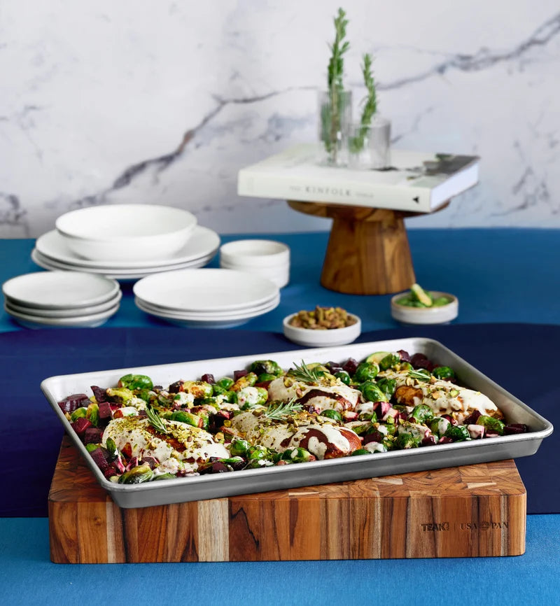 Teakhaus Prep to Pan End Grain Cutting Board with USA Pan Half Sheet Pan